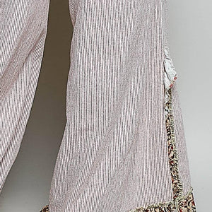 High Rise Floral Patch Ruffle Wide Leg Pants: PINK STRIPE