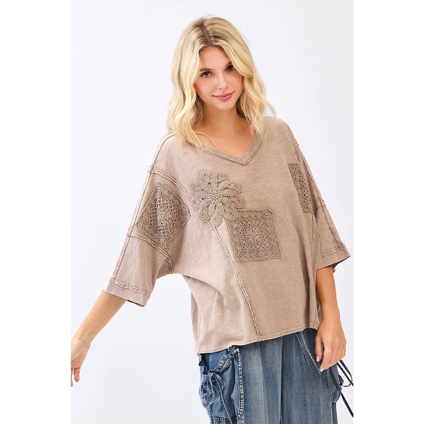 Crochet Patched Oversized Top: Latte