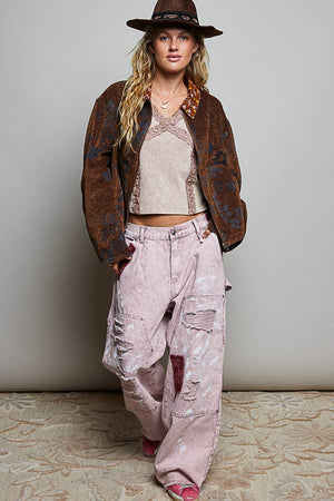 Floral Print Collared Long Sleeve Back Yoke Zip-Up Jacket: RUSTIC MOCHA