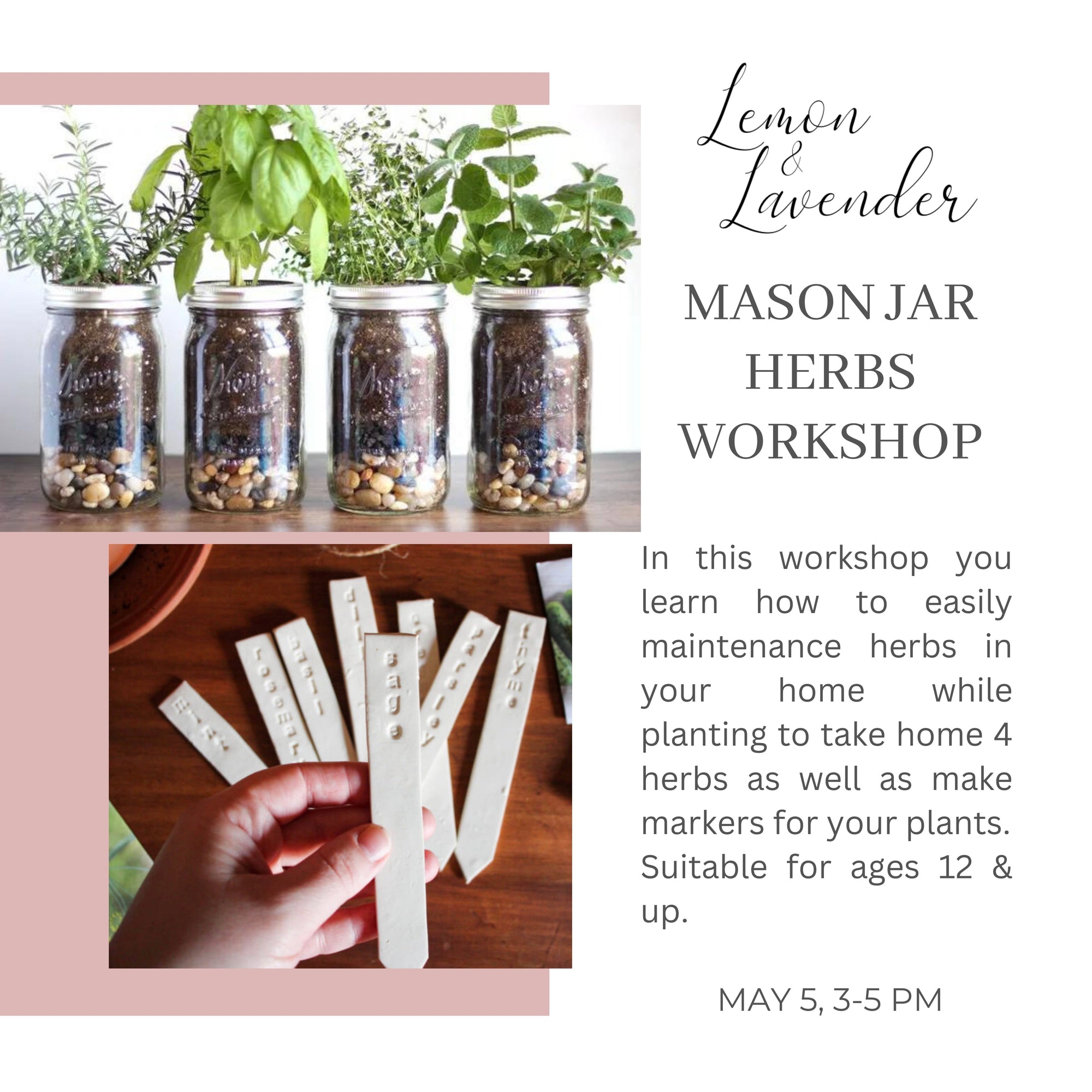 Mason Jar Herbs & Markers Workshop- May 5, 3-5 pm - Lemon & Lavender
