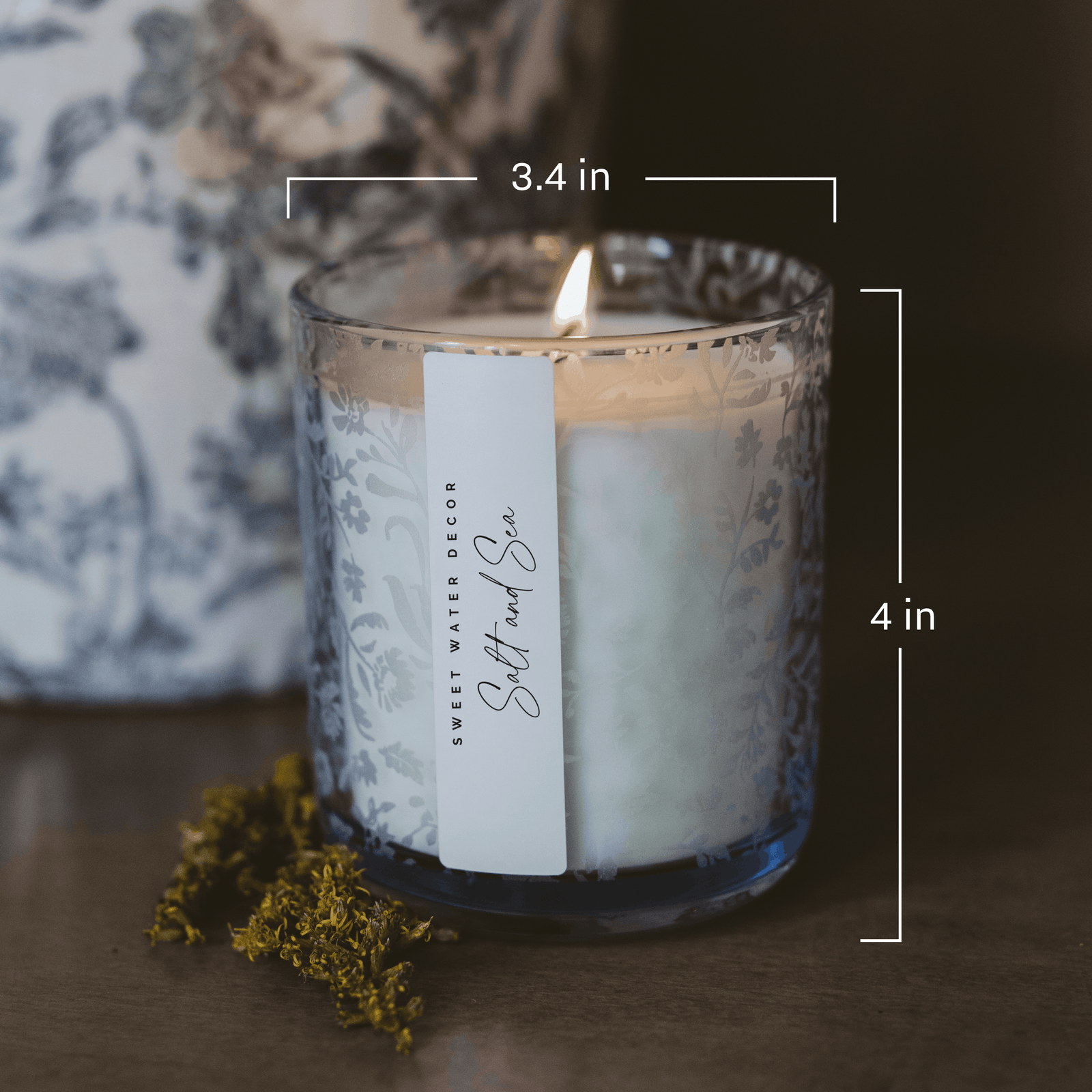 Stress Relief 12 oz Soy Candle, Blue Tinted Floral Jar