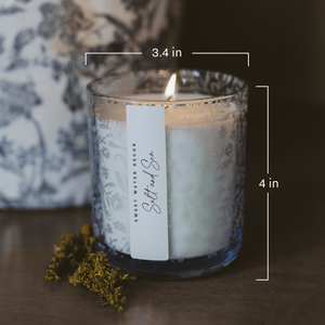 Stress Relief 12 oz Soy Candle, Blue Tinted Floral Jar