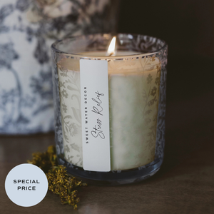 Stress Relief 12 oz Soy Candle, Blue Tinted Floral Jar