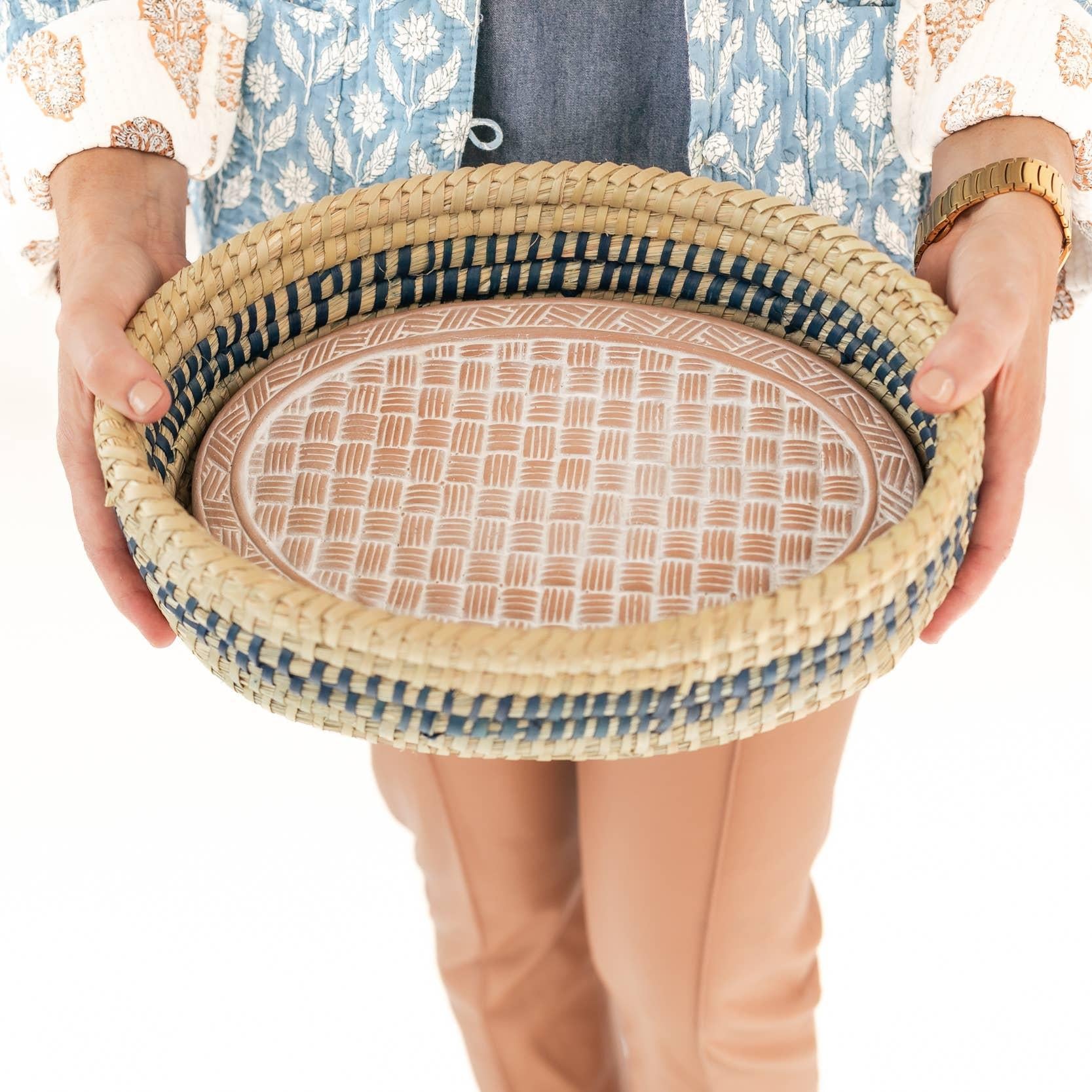 Oval Basket Weave Blue Bread Warmer