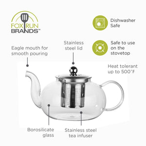 Fox Run Glass Teapot with Infuser, 4 Cup Clear Tea Pot