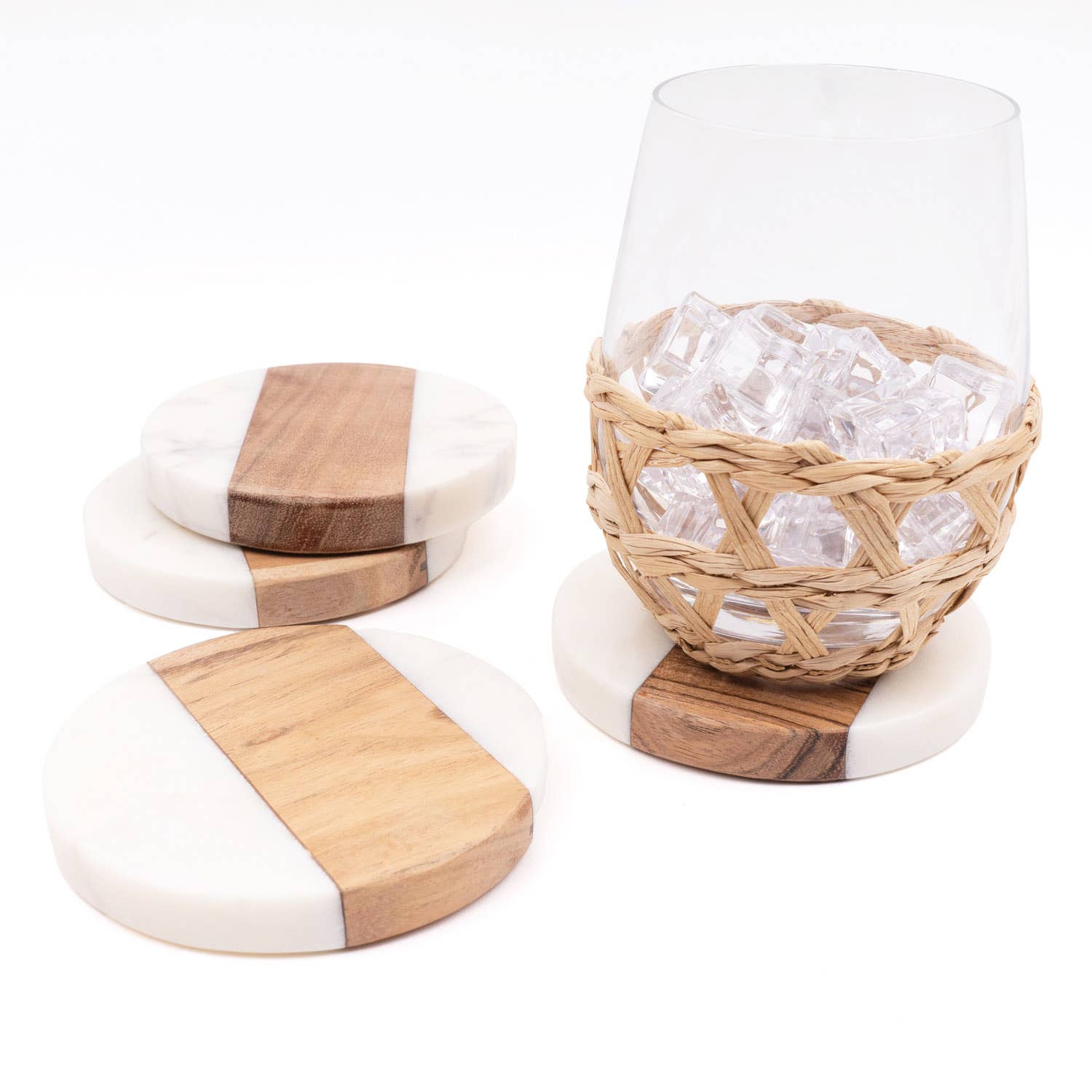 Marble & Wood Round Coaster Set