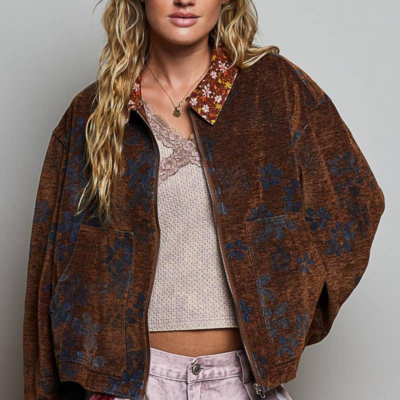 Floral Print Collared Long Sleeve Back Yoke Zip-Up Jacket: RUSTIC MOCHA