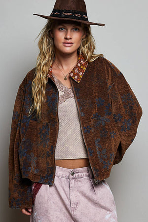 Floral Print Collared Long Sleeve Back Yoke Zip-Up Jacket: RUSTIC MOCHA