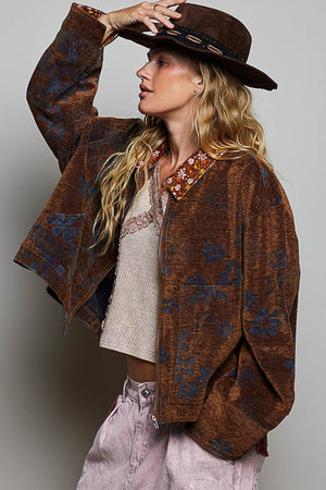 Floral Print Collared Long Sleeve Back Yoke Zip-Up Jacket: RUSTIC MOCHA