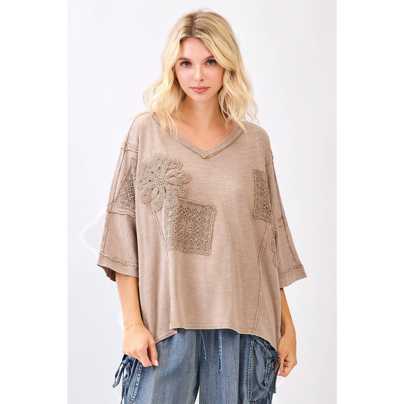 Crochet Patched Oversized Top: Latte