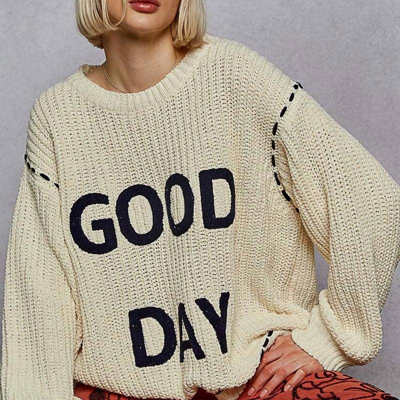 POL : Round neck lettering detail solid knit chenille sweater top: CREAM