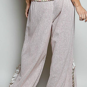 High Rise Floral Patch Ruffle Wide Leg Pants: PINK STRIPE