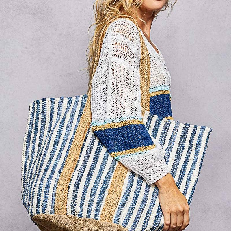 Cotton Weave Stripe Denim Tote Bag