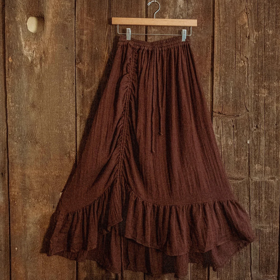 Boho Cinch Ruffle Skirt Organic Cotton Bamboo, Bohemian : Marron / Brown / Regular