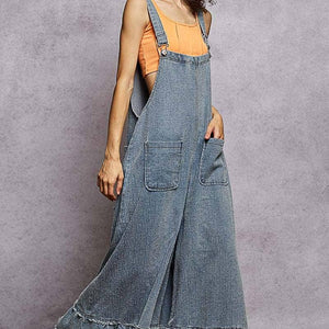 Denim Contrast Ruffle Woven Overalls