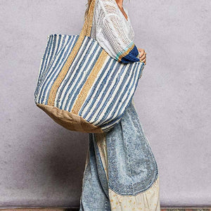 Cotton Weave Stripe Denim Tote Bag