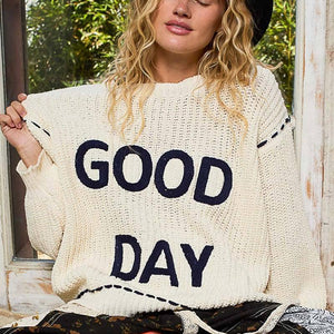 POL : Round neck lettering detail solid knit chenille sweater top: CREAM