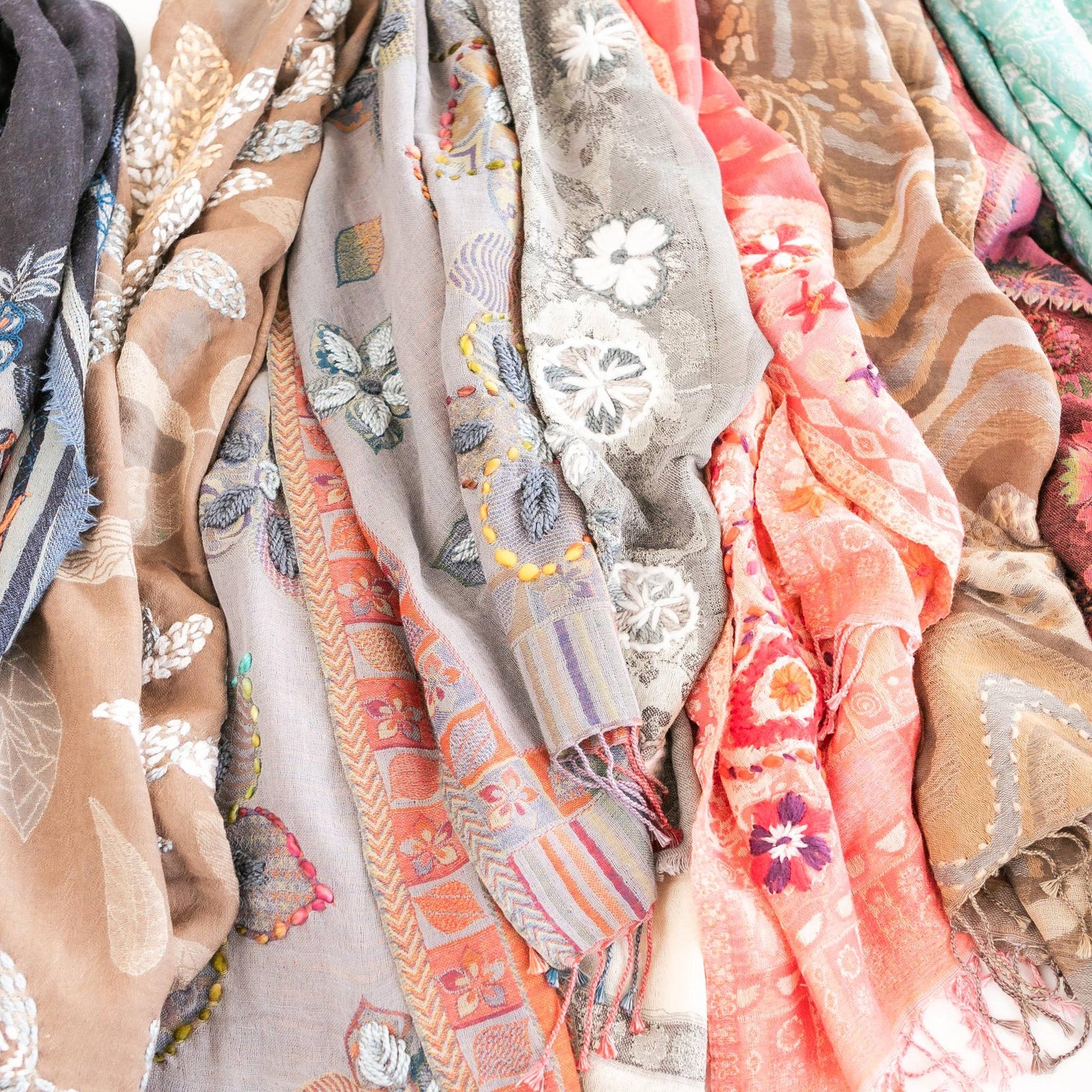 Woven Embroidered Women's Wool Wrap: Salmon