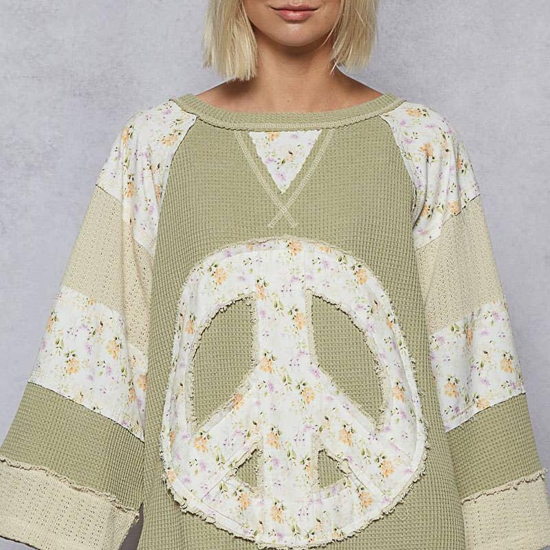 Round Neck Printed Peace Patch Overlock Stitch Knit Top: SOFT SAGE