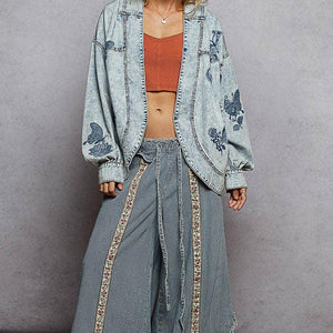 Vintage washed solid embroidery denim jacket