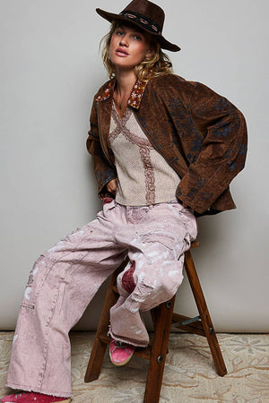 Floral Print Collared Long Sleeve Back Yoke Zip-Up Jacket: RUSTIC MOCHA