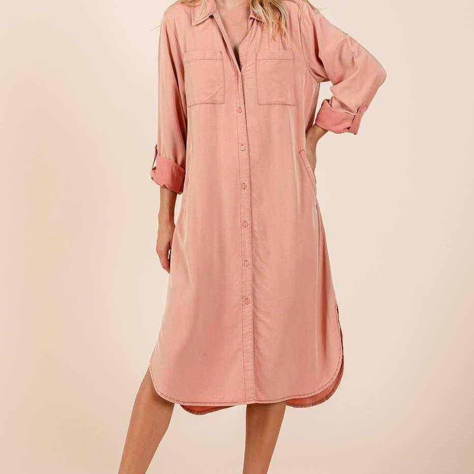 Mineral Wash Shirt Midi Dress: Dusty Coral