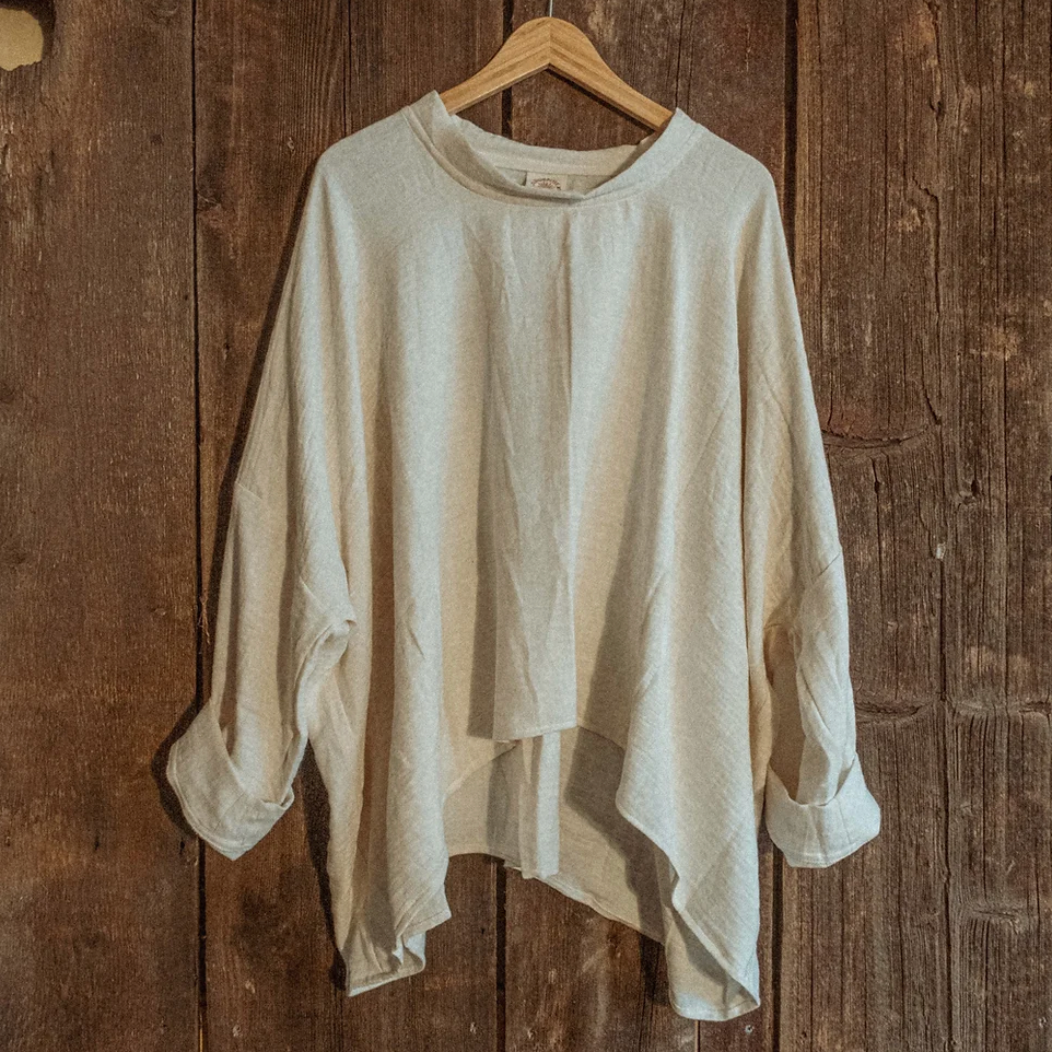 Organic Boho Unisex Pullover Flowy Shirt, Bamboo Long Sleeve: White