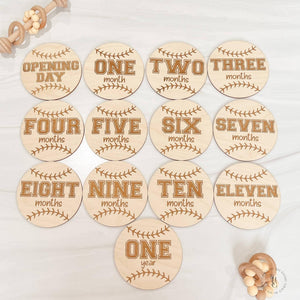 Wooden Baseball Monthly Milestone Discs For Baby Photos 