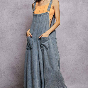 Denim Contrast Ruffle Woven Overalls