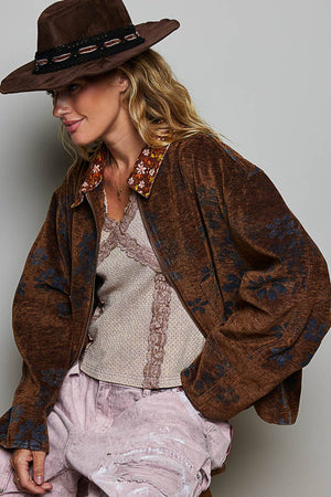 Floral Print Collared Long Sleeve Back Yoke Zip-Up Jacket: RUSTIC MOCHA