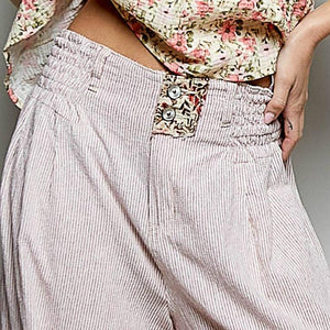 High Rise Floral Patch Ruffle Wide Leg Pants: PINK STRIPE