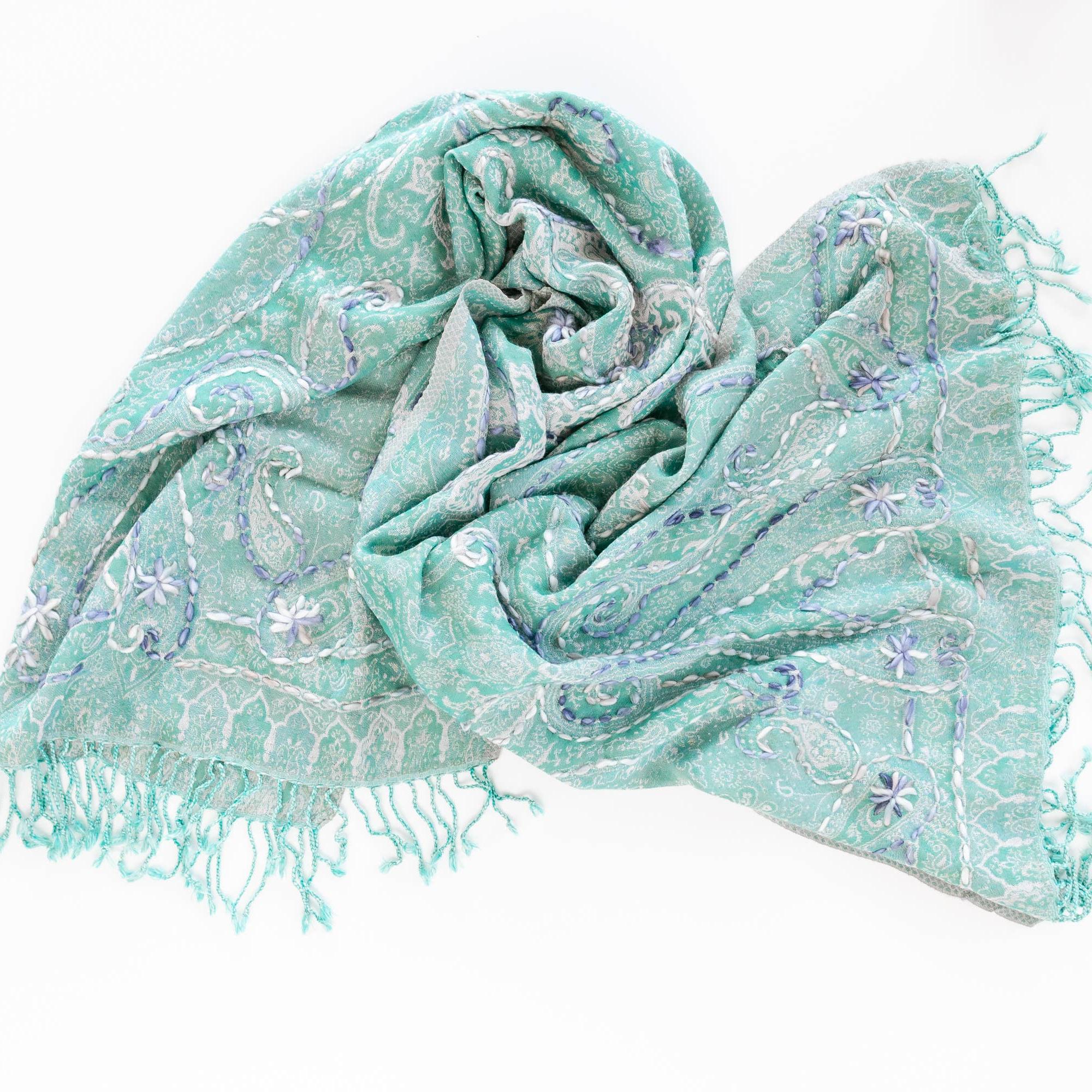 Woven Embroidered Women's Wool Wrap: Salmon