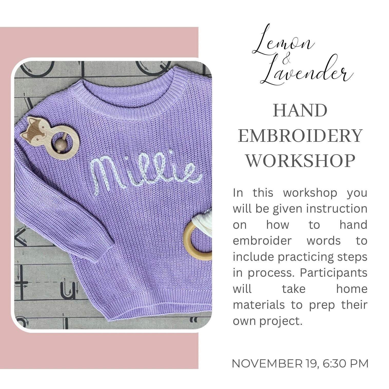 Hand-Embroidery Sweater Workshop - Nov 19th, 6:30