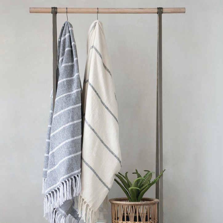 Striped Throw with Fringe - Grey or Ivory