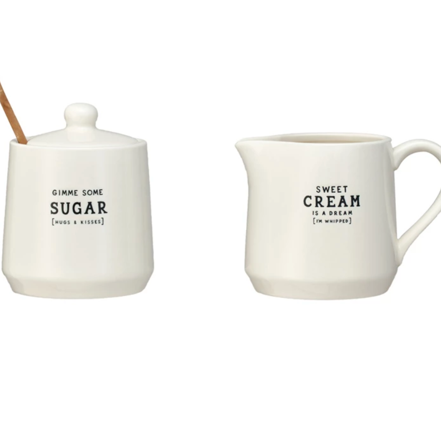 Stoneware Creamer or Sugar Pot w/ Spoon