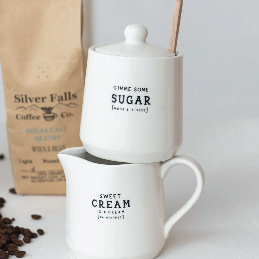 Stoneware Creamer or Sugar Pot w/ Spoon