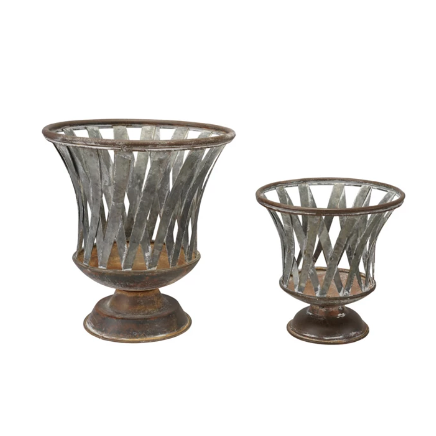 Woven Metal Footed Planters, Distressed Finish