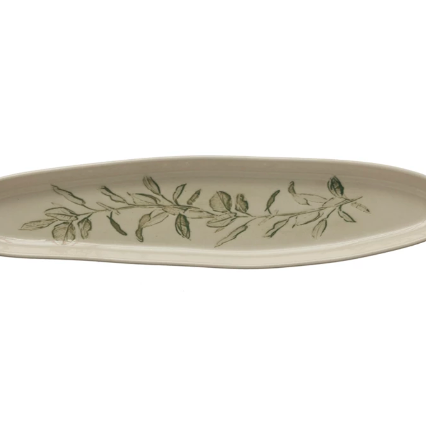 Oval Debossed Stoneware Tray with Botanicals