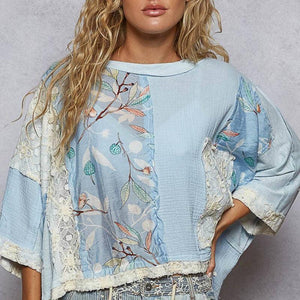 Round Neck Double Gauze Floral Woven Top: Light Blue