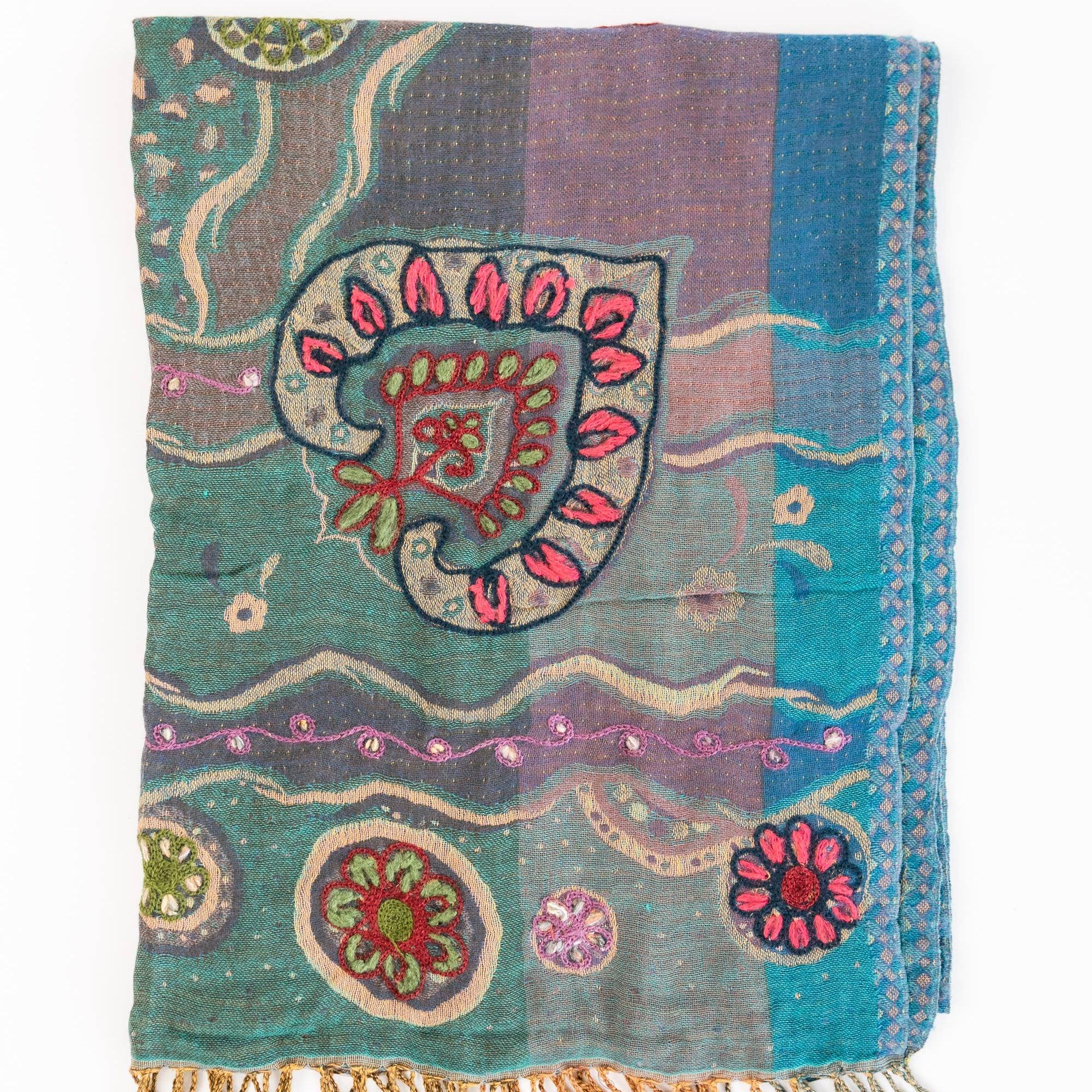 Woven Embroidered Women's Wool Wrap: Salmon