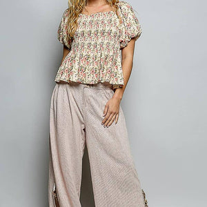 High Rise Floral Patch Ruffle Wide Leg Pants: PINK STRIPE