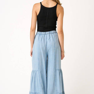WASHED CHAMBRAY TIERED WIDE LEG BUTTON FRONT PANTS: LT DENIM