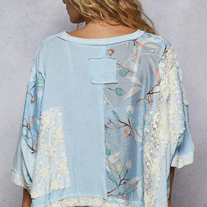 Round Neck Double Gauze Floral Woven Top: Light Blue