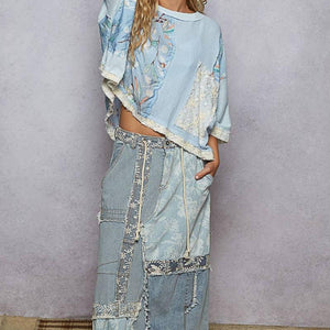 Round Neck Double Gauze Floral Woven Top: Light Blue