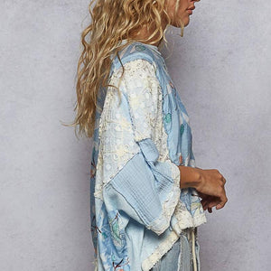 Round Neck Double Gauze Floral Woven Top: Light Blue