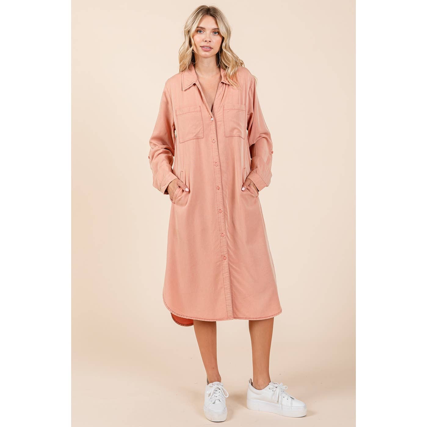 Mineral Wash Shirt Midi Dress: Dusty Coral
