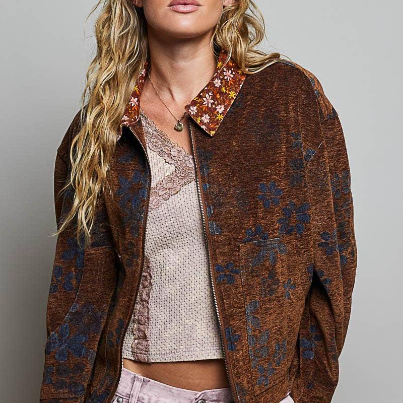 Floral Print Collared Long Sleeve Back Yoke Zip-Up Jacket: RUSTIC MOCHA