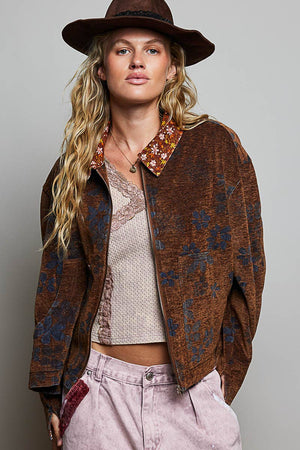 Floral Print Collared Long Sleeve Back Yoke Zip-Up Jacket: RUSTIC MOCHA