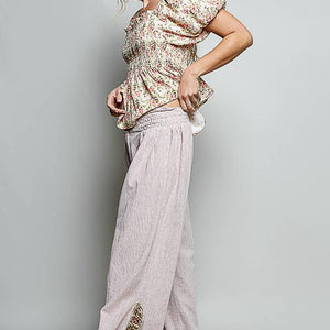 High Rise Floral Patch Ruffle Wide Leg Pants: PINK STRIPE