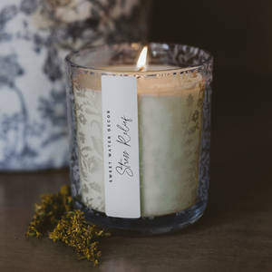 Stress Relief 12 oz Soy Candle, Blue Tinted Floral Jar